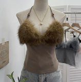 Real Shot Hair Splicing Hanging Neck Sling Vest Sexy Low Chest Bare Back Short Sleeveless Top 2802