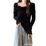 French Temperament Wooden Ear Three-Dimensional Flower Knitting Top Irregular Design Feel Waist Thin Horn Sleeve Bottom