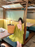 Holiday Style Strapped Back V Collar Long-Sleeved Dress Women Summer French Loose Green Skirt Casual A Short Skirt