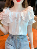 French Temperament Lotus Leaf Blouse Women 2026 Summer Design Chic Drawstring Shirt Niche Bubble Sleeve Chiffon Shirt