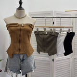 Real-Patring Zipper Open-Shirt With Bra Hottie Wrapped Breast Sexy Outer Wear Vest Short Irregular Sleeveless Top 2770