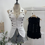 Vintage Metal Double Buckle Elastic Repair Waist Zipper Shirt Over-Necked Short Vest Vest 6295