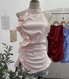 Spicy Design Sleeveless Leaves Three-Dimensional Flower Blouse Atmosphere Slimming Waist 1166