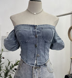 Real Shot Shoulder Bubble Short Sleeves Denim Shirt Design Hot Girl Collar Small Short Top 2530