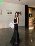 Design Sense Mesh Splicing Sling Dress Women's Summer Niche Temperament Waist Dress Gentle Style Black Dress