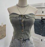 Sexy With Chest Cushions Denim Bra Sleeveless Top Single Buckle One-Pack Short Vest 2738