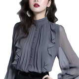 High-End Chiffon Collar Shirt Women's Spring And Autumn New Fashion High-End Feel Leaf Side French Long-Sleeved Shirt Top