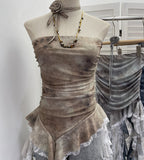 Real Shot With Hanging Neck Flower Braid Vest Dye Mesh Irregular Lace Ribbon Sleeveless Top 1596