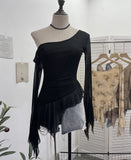 Personality Tie-Dye-Print Oblique Shoulder Dress Repair Irregular Lotus Horn Long-Sleeved Mesh T-Shirt 9955