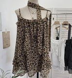 Real Shooting Low-Breasted U-Neck Sexy Outside Wearing Leopard-Print Sling Vest Ribbon Lotus Leaf Side Loose Sleeveless Topess Female 9333