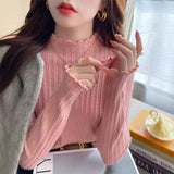 Half-High Collar Thin Knitted Jersey Women's Spring And Autumn New Blouse Fashion With A Foreign Air Wood Ear Sweater Bottom Shirt