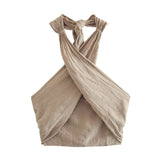 2025 Summer New Women's Neck Neck Neck Linen Shirt Vest Straight Trousers Set