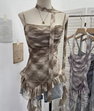 Real Shooting Round Neck Fluttering Dye Printing Irregular Lotus Leaf Side Mesh Slings Slings Sleeveless Top 1218