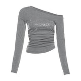 Letters Hot Diamond Collars With Long-Sleeved T-Shirts For Women's Folds Slimy Hottie Tops