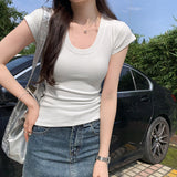 Korean Temperament Niche Design Feel Beautiful U Collar Thread Straight Shoulder Short-Sleeved T-Shirt 2025 New Repair Body