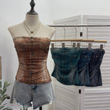 Real Shooting Denimed Tie-Dye Printing Mesh Yarn Tectar Tset With Chest Cushion Anti-Slip Vest Short Top 1255