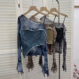 Slanted Shoulder Sling Screen Splicing Irregular Cowboy Horn Long Sleeve Top Short T-Shirt 2789