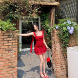 Red Lotus Leaf Side Tie Dress Women Summer Folding Skirt Sweet Hot Girl Waist A Short Skirt