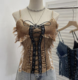 Real Shooting Do The Old Fur Side Of The Denim Splicing Pu Skin Lace Sling Vest Short Without Sleeve Top 618