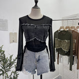 Vintage Spice Girls Stomee Net Yarn Sexy Perspective Drawstring Long-Sleeved T-Shirt Top 2630