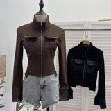 Vintage Modern Zipper Collar Spliced Pu Leather Shirt Babes Short Jacket Coat Fur Coat 1365