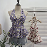 Real Shooting With Chest Pad Crumm Flower Hanging Neck Sling Vest Women's Summer Dress Sexy Deep V Skirt Swing Waist Sleeveless Top 9335