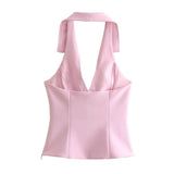 2025 Summer New Women's V-Neck Sexy Leak Back Hanging Neck Small Top Casing Trousers Set 2796777
