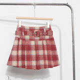 Real Shooting With Belt ~ Lattice Hair Of The Hundred Folded Skirt High Waist Anti-Light Small A Word Short Skirt 8382
