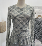 Double-Layer Mesh Lattice Waist Fold Irregular Hem With Long-Sleeved Top Repair T-Shirt 15671