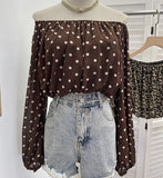 Real Shot Shoulder Long Sleeve Wave Chiffon Shirt Women Summer Short Open Umbilled Shirt Loose Umbilled Shirt Loose Top 2367