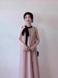 Pink Hanging Neck Bow Sleeveless Dress Femininity Design Small Gentle Holiday Dress Summer