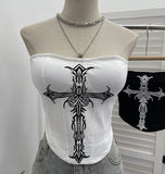 Thorn Cross Print Chest Vest Sling Female With Chest Cushions Anti-Slip Strip Short Babes Top 1298