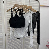 Two Sets With Chest Pad Sling Vest + Velvet Wave Dot Long-Sleeved Mesh T-Shirt Blouse Female 28273