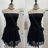 Real Shooting Retro Lace Spell To Receive Waist-Meared Tective Dress Sexy Collared Cake Dress Small Man Short Dress 1272