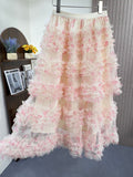 Heavy Industry Splicing Printing Net Yarn Cake Skirt Half-Dress Woman New Thin Skirt Dress Half Skirt Skirt Four Seasons