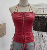 Punk Babes Hollow Strapped Braped Pu Skin Top Female Tight Sexy Short Hanging Neck Vest 2765