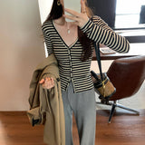 Small Design-Sense Stripe V-Neck Long-Sleeved Ragged T-Shirt Girl 2025 Autumn New Super-Look Unique Beautiful Top