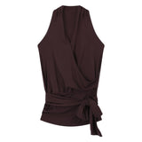 Vintage Babes Brown Hanging Neck V-Neck Vest Woman Summer Design Sense Bottom Slimming Strap Coat Wear