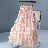 2025 Spring And Summer New High-Rise Thin Double Mesh Yarn Three-Dimensional Flower Half-Body Skirt Long Fairy Dress
