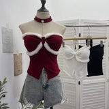 Real Shooting Christmas Birthday Red Hanging Neck Hair With Chest Pads Bra Vest Open Fork Short Coat 9318