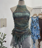 Trend Irregular Hanging Neck Dyeing Net Yarn Vest Lotus Side Ribbon Short Sleeveless Top 9969