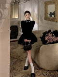 Hepburn Small Black Dress Half-High Collar Long-Sleeved Dress 2025 New Waist-On-Coat Dress Women's Black Fluffy Skirt