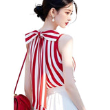 Korean Chic Red Striped Sleeveless Shirt Women's Summer Atmosphere High-End Chic Beautiful Bow Strapped Clothes