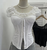 Real Shot Lace Splicing Mesh Yarn Bra Vest Summer Hook Buckle Fish Bone Girded Short Shirt 2878