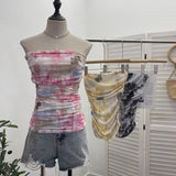 Thai-Style Splash Ink Dye Mesh Wrap Chest Vest Irregular Stacked Folded Sleeveless Top 9950