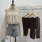 Real Shot Shoulder Long Sleeve Wave Chiffon Shirt Women Summer Short Open Umbilled Shirt Loose Umbilled Shirt Loose Top 2367