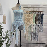 Real Shot With Hanging Neck Flower Braid Vest Dye Mesh Irregular Lace Ribbon Sleeveless Top 1596