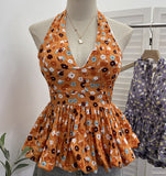 Real Shooting With Chest Pad Crumm Flower Hanging Neck Sling Vest Women's Summer Dress Sexy Deep V Skirt Swing Waist Sleeveless Top 9335