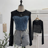 Real Shooting Hottie Letter-Print Mesh Spliced Cowboy Long-Sleeved Bottom Shirt Blouse Short T-Shirt Girl 2623