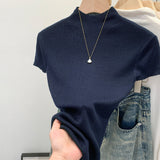 Direct Sale Lyselle Tiansi French Half-High Collar Shoulder Short-Sleeved Knitted Shirt Women 2026 Summer New Single Wear